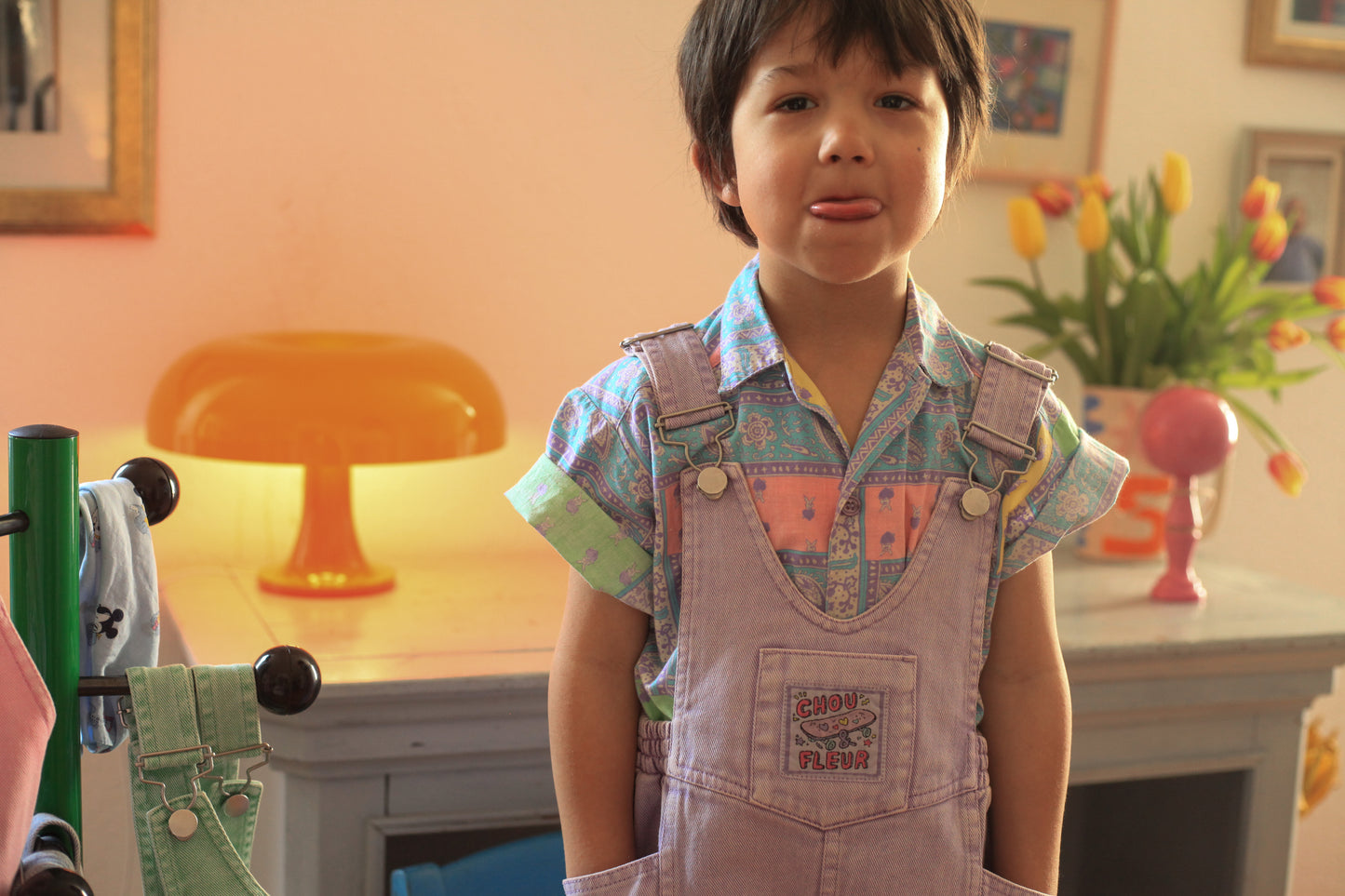 Haut de salopette mauve style vintage sur enfant 5 ans, Chou & Fleur